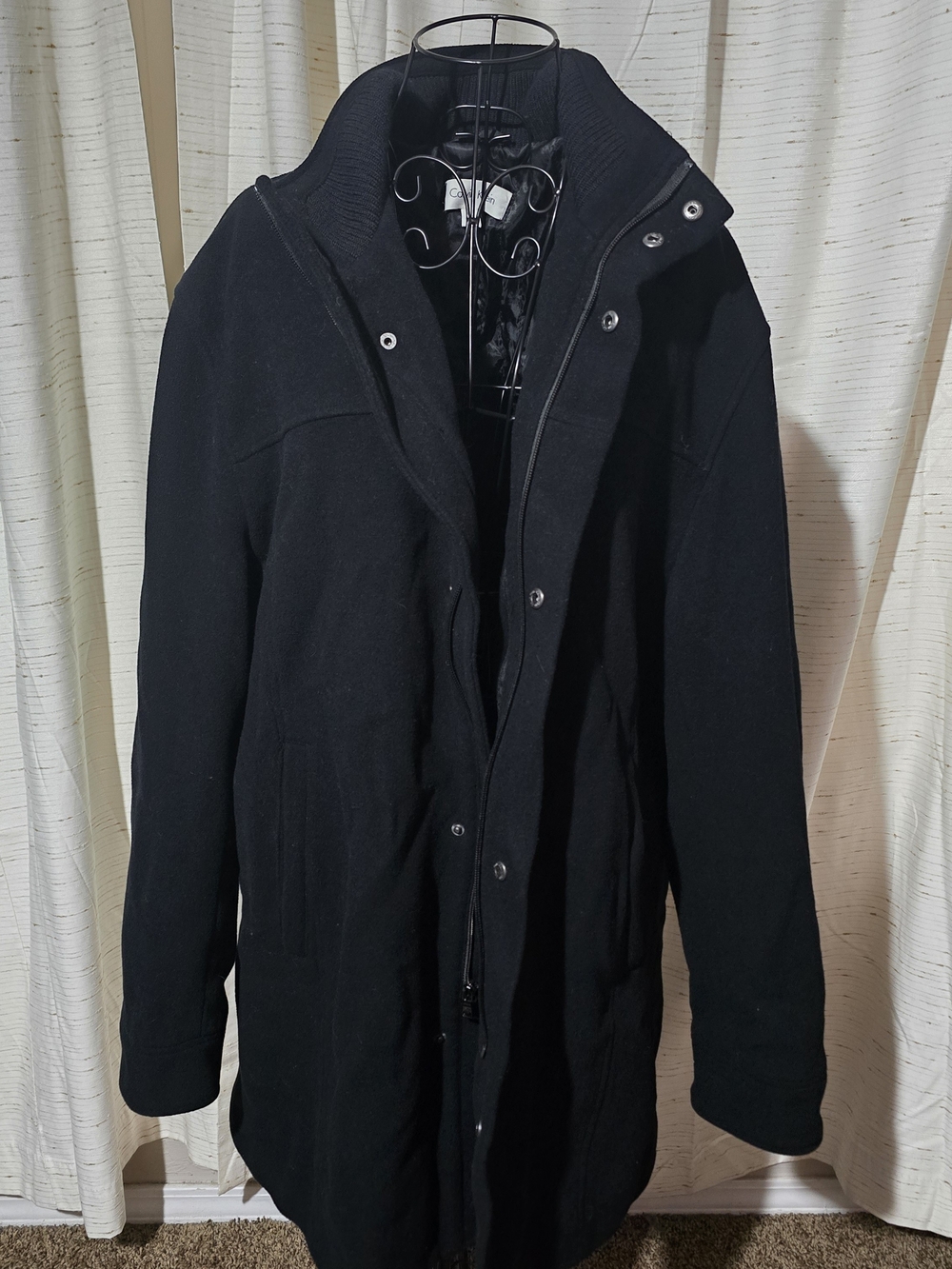Calvin Klein Men’s Black Pea Coat with High Ribbed Collar Wool Blend